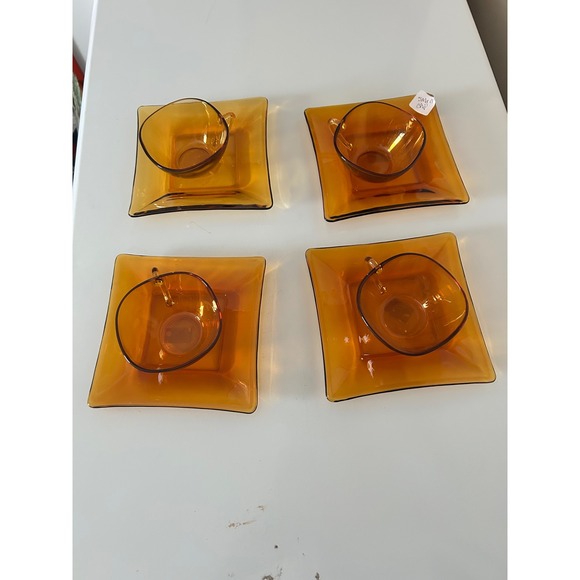 Other - Amber Glass Teacup Saucer Set Square Dessert Vintage Amber Glassware